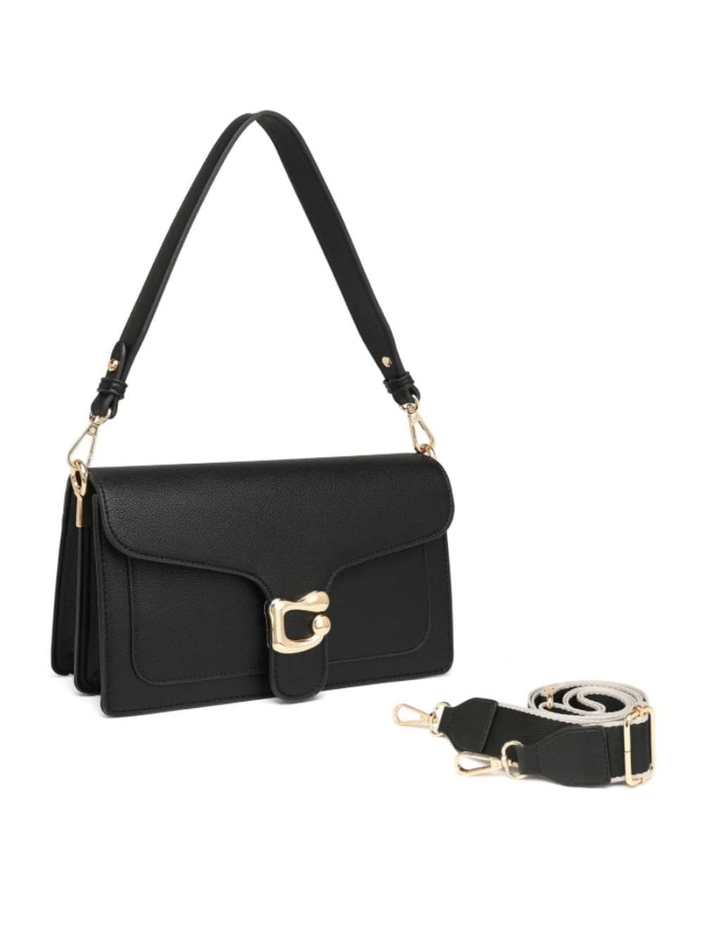 Black PU Leather Shoulder Bag with Gold Hardware